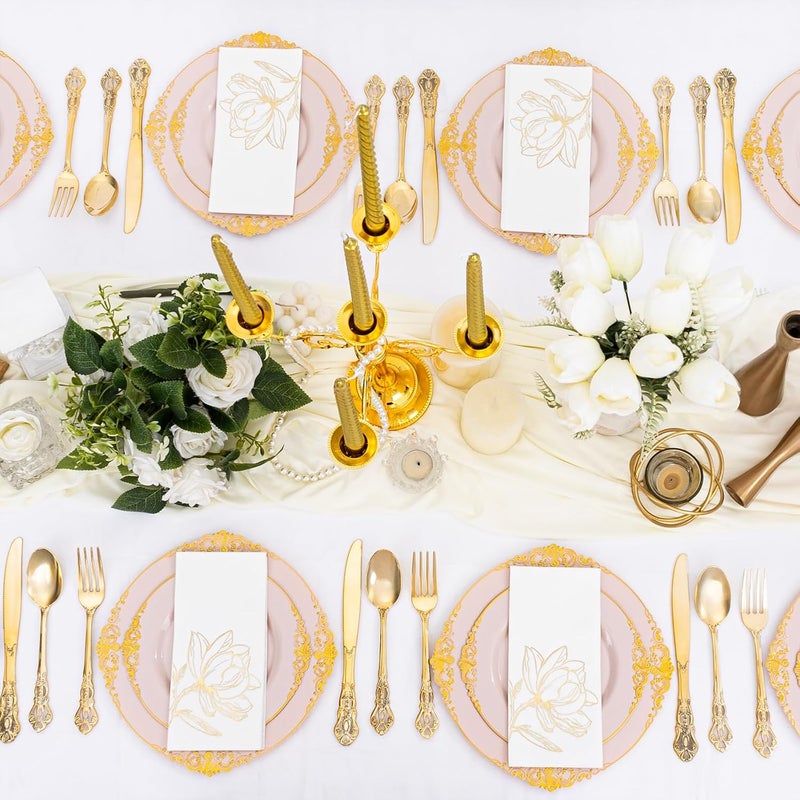 Joyido 50 Pack Gold Magnolia Napkins - Gold Floral Disposable Napkins - Cloth-Like Feel Dinner Paper - Vintage Heavy Duty Hand Towels for Bathroom Wedding Holiday Party Bridal Decorative Towels - Image 5